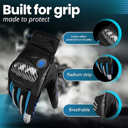 Image of BADOWL Carbon Fiber PVC Knuckle Protection Riding Gloves | Touchscreen Sports Gloves with Anti-Slip Grip | Breathable, All-Weather, (Blue, L)
