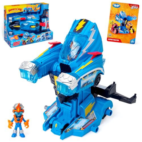 SUPERTHINGS–Robot Fighter.Vehículo Transformable en Robot de Héroes de la Película.Contiene Playset,Figura de Acción de Kid Kazoom,Carta Exclusiva y 3 Proyectiles.con Funciones y Ataques Especiales