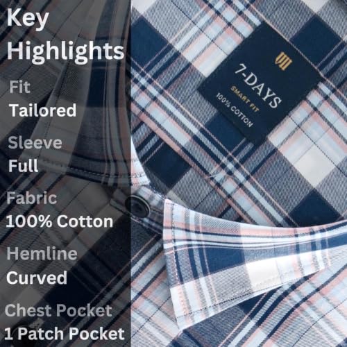 Image of 7-DAYS Men's Premium Check Shirt - 100% Cotton, Tailored Fit (Between Slim & Regular), Full Sleeve, with Pocket - Smart Office & Casual Look