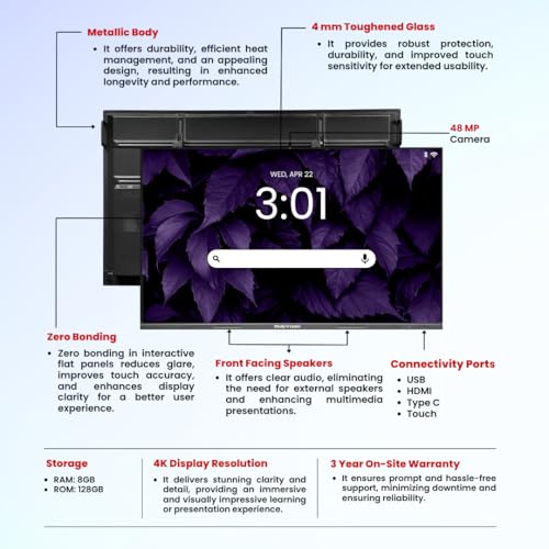 Image of Studynlearn EDLA 86 Inch AI Ultra 4KHD Interactive Flat Panel with 48MP Camera & Mic, Android14.0 Multitouch Screen Display 8GB RAM 128GB ROM 20W-2 Speaker|USB, VGA, Display Ports |K12 Digital Content