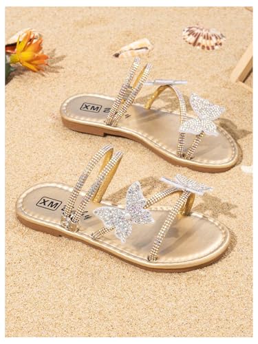 OYOANGLE Girl's Slide Sandals Rhinestone Sparkly Butterfly Strappy Open Toe Slip On Flat Sandal3