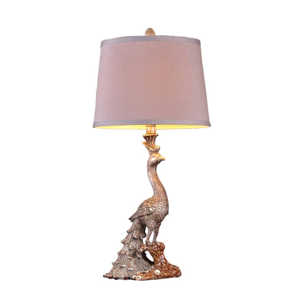 PIAOLING table lamps Retro Resin European Peacock Style Luxury Decorative Bedroom Bedside Fabric shade E27 Light Source Save Energy Desk