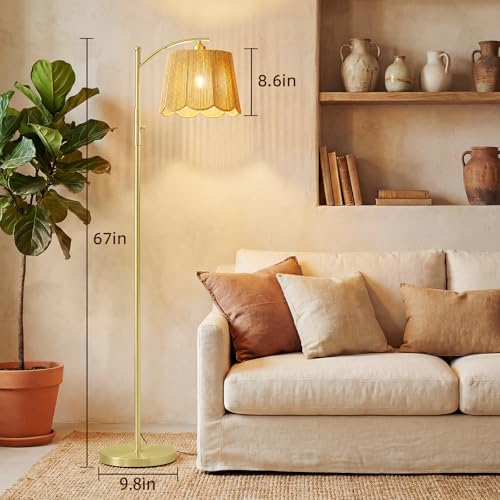 Image of Karjoefar Hand-Woven Shade Rattan Boho Floor Lamps for Living Room Bedroom | 7W Bulb Included, 10-100% Dimmable, 67 inch Tall Farmhouse Floor Lamp for Bedroom Nursery and Living Room with Metal Base & Pole