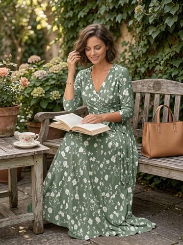 Image of SUZONANA Plus Size Dresses for Women Floral Print Maxi Dress Flowy 3 /4 Sleeve with Belt