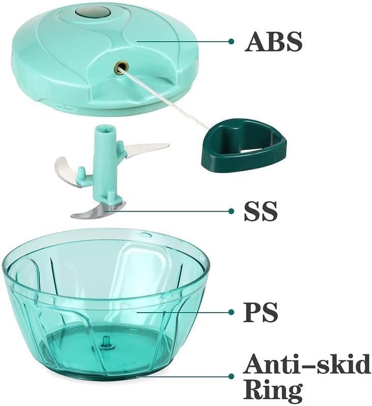 Image of Manual Food Chopper with Pull Cord, 3 Stainless Steel Blades - 450ml Vegetable, Fruit & Onion Cutter - Multipurpose Kitchen Tool (Green)