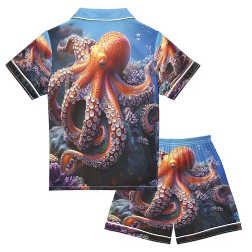 ALAZA 3d Octopus Ocean Sea Satin Pajamas Set Short Sleeve Button Down Sleepwear Summer Pjs 2 Piece2