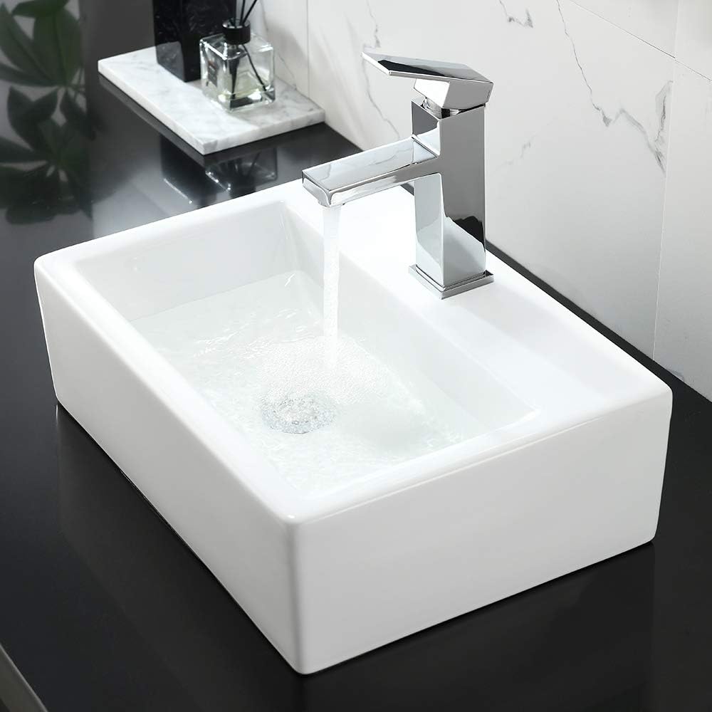 Featured Product Rectangle Bathroom Sink and Faucet Combo-WMXQX 16”x12” Above Counter Bathroom Sink White Porcelain Ceramic Vessel Vanity Sink Basin Washing Bowl Set, Faucet Matching Pop Up Drain Combo
