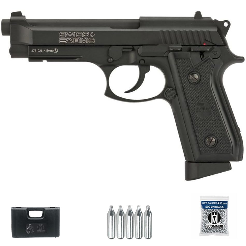 Swiss Arms PT92 Full Metal Blowback CO2 4,5mm | Pack Pistola de Aire comprimido KWC con maletín, 5 CO2 y 500 BB’s [1,7 Julios]