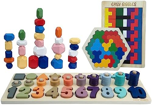 Easy Giggles Montessori Learning Toys Set for Kids - Wooden Stacking Stones, Numbers Learning Board, Block Puzzle, Hexagon Puzzle - Educational Activity Games for 3, 4, 5 Year Old Boys and Girls