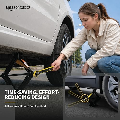 Image of Amazon Basics Labor Saving 13 Inch Car Jack Ratchet Wrench| 360 Forward & Reverse Knob| Conversion Head Included | Curve Handle Car Lift Tool For Scissors Jack | Heat-Treated Steel Ratchet Lug Wrench