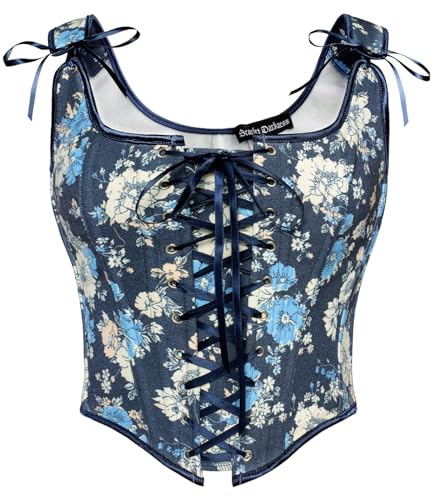 Image of Scarlet Darkness Corset Tops for Women Renaissance Lace Up Floral Bustier | Fishboned, Vintage Floral, Overbust Bodice, for Ren Faire, Medieval, Halloween Costume