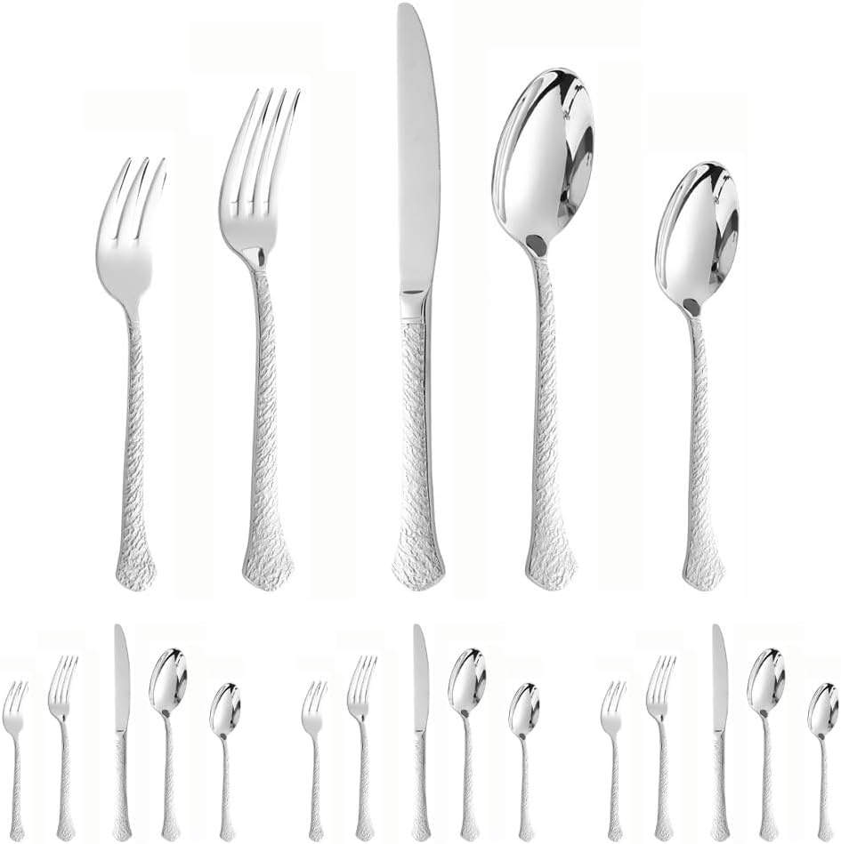 Juego De Cubiertos De Acero Inoxidable De Lujo Ligero: Cubiertos con Mango De Patrón Martillado para Bistec, Tenedor, Cuchara Y Cucharilla De Té: Vajilla Elegante para El Silver 20 Pieces