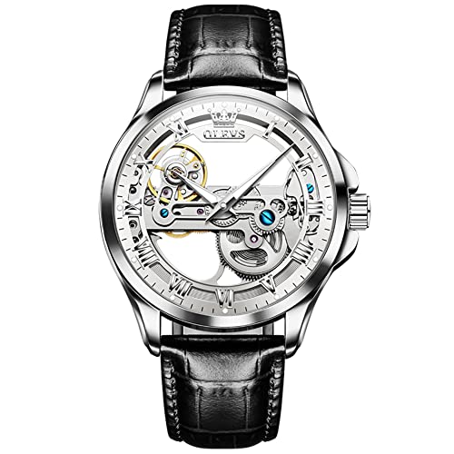 OLEVS Skeleton Montre mécanique Automatique pour Homme, en Cuir de Luxe étanche et Lumineuse, 6661, en Cuir Noir/argenté/Blanc, lanière