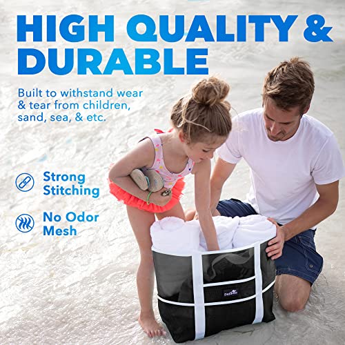 Dejaroo - Sand Free Mesh Bag - Strong Lightweight Tote For Beach & Vacation Essentials. Tons of Storage with 8 Pockets, Foldable, 17x9x15 inches, Black with White Straps - Thumbnail 5