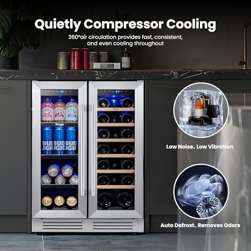 Image of Yeego Wine and Beverage Refrigerator, 24 Inch Dual Zone Wine Fridge, Built-in or Freestanding Wine Cooler with Glass Doors, Under Counter Drink Fridge for Wine /Beer /Soda /Water