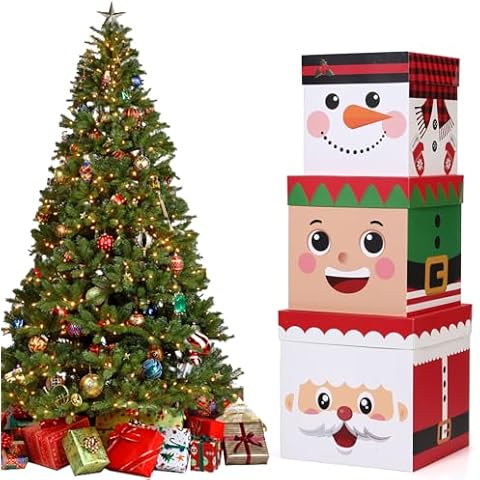 Sinload 3 Pcs Christmas Nesting Gift Boxes Santa Elf Snowman Stackable Boxes Red Green White Christmas Decorative Boxes with Lids for Present Wrapping New Year Holiday Xmas Party Decor Supplies Cover