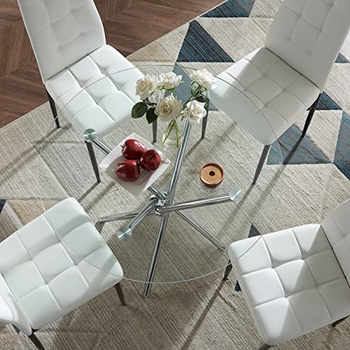 Sicotas Glass Dining Table Round Kitchen Table With 4 Silver Chrome Legs,Modern Circle Dining Room Tables For 2 Or 4,Small Dinner Table For Kitchen,Apartment, Small Spaces,35.4D X 29.5H,Clear #TOP3