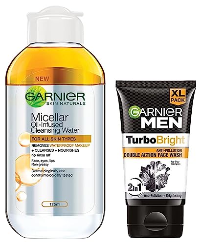Image of Garnier Men, Face Wash, Brightening & Anti-Pollution, TurboBright Double Action, 150 g & Garnier Skin Naturals, Micellar Oil-Infused Cleansing Water, 125ml