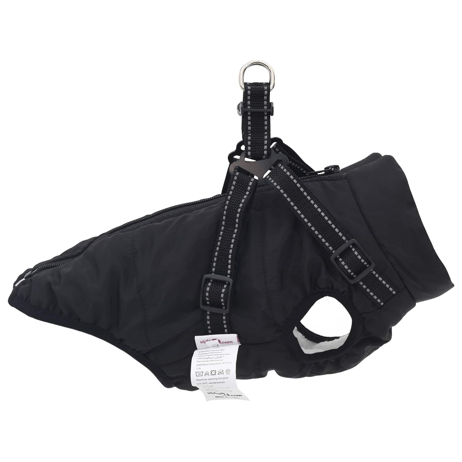 Cappotto per cani nero L28 in pile e poliestere con design riflettente, imbracatura regolabile e doppi anelli a D per protezione dal freddo e dal vento durante le passeggiate all'aperto in