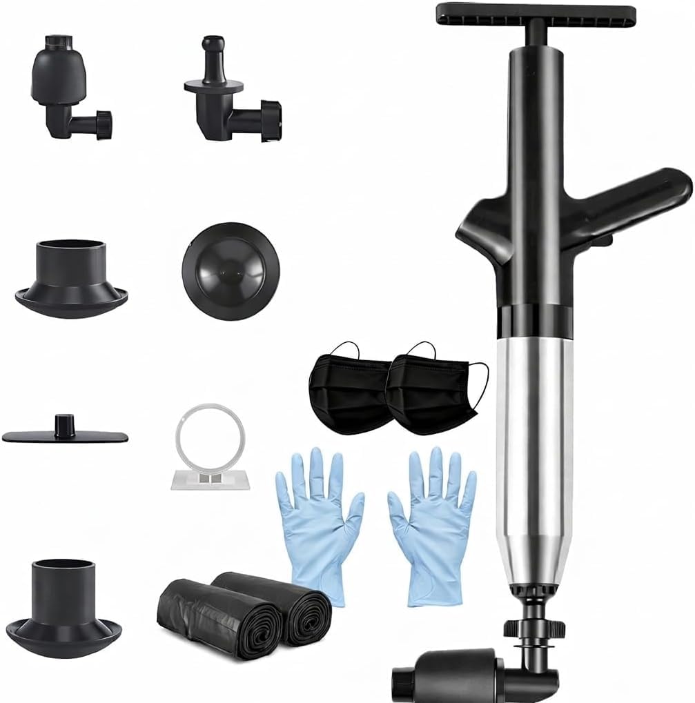 4 en 1 Déboucheur WC Air Comprimé Professionnel – Kit Complet avec 3 Têtes + Manomètre, Ventouse Haute Pression pour Toilettes, Évier, Baignoire, Inclus Gants, Masques et Sacs – Prêt à l’Emploi
