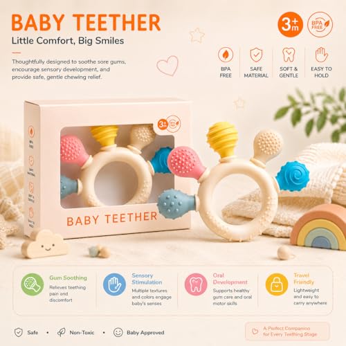 Image of KLIMET Baby Teether Toy - Silicone Teething for 3+ Months | BPA-Free, Soft & Safe Infant Chew Toy (Type 2 Silicone & Wooden)