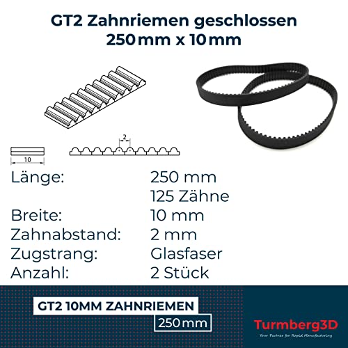 Turmberg3D GT2 geschlossener Zahnriemen - 10mm breit - Länge 250mm - je 2 Stück - Zugstrang aus Glasfaser (250mm)