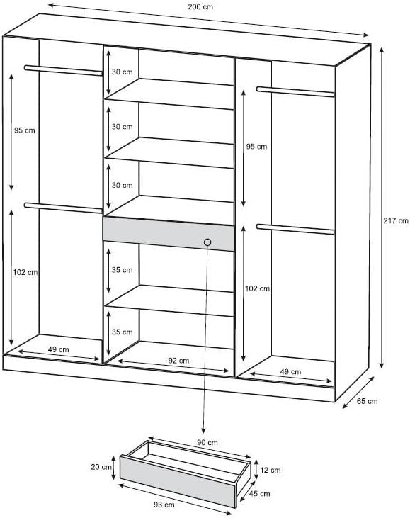 Diagram showing the dimensions and internal layout of the ZADIA wardrobe, including measurements for height, width, depth, shelves, and hanging rods.