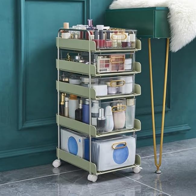 5-Tier Rolling Storage Cart with Detachable Drawers, Kitchen Storage Organizer Mobile Shelving Unit for BathroomGreen,14.4 D x 9.8 W x 26.8 H-VorImBSH