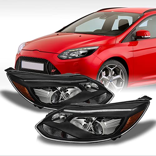 AKKON - For Ford Focus Black Bezel Euro Spac Plug N Play Daylight LED Strip Projector Headlights Replacement