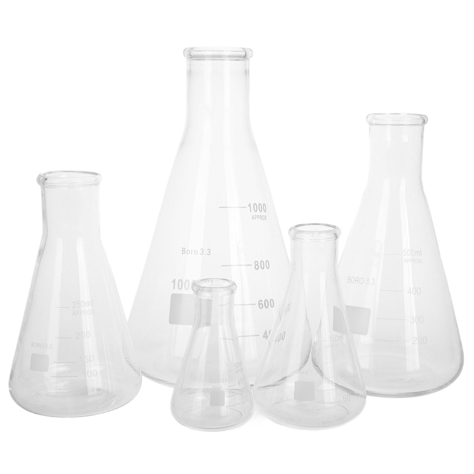 GLEAVI Set 5 Beute Coniche di Erlenmeyer in Vetro Borosilicato Graduato, Capacità 50 Ml-1, Base Triangolare Stabile, Bocca Stretta per Versaggio e Pulizia, per Esperimenti