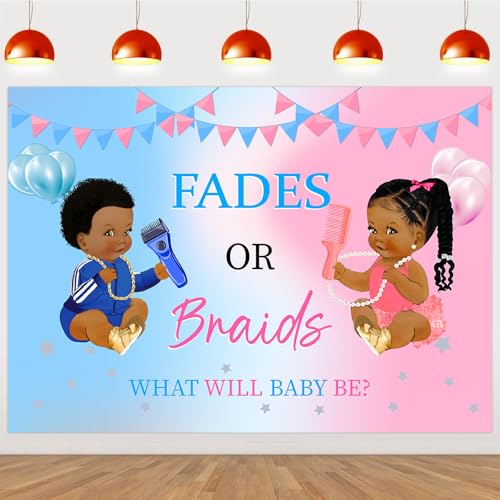 Funmemoir Fades or Braids Gender Reveal Decorations - Pink and Blue Fades or Braids Gender Reveal Backdrop, Boy or Girl Baby Shower Photography Background 5 x 7ft