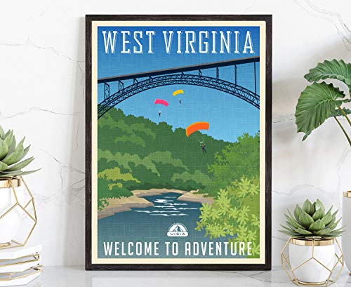 Póster de viaje de estilo retro, Virginia Occidental, póster rústico vintage, decoración de pared de oficina en casa, póster de mapa del estado de Virginia Occidental, 12 x 18 pulgadas