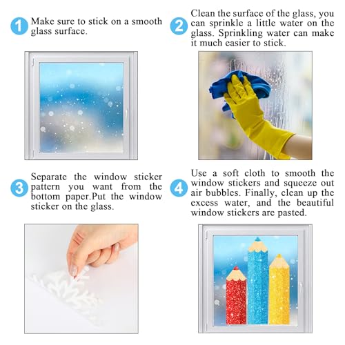 Image of Whaline 9 Sheet Back to School Colorful Glitter Pencil Window Clings Sparkly Rainbow Pencil Reusable Window Decals for First Day of School Home Nursery Classroom Decor