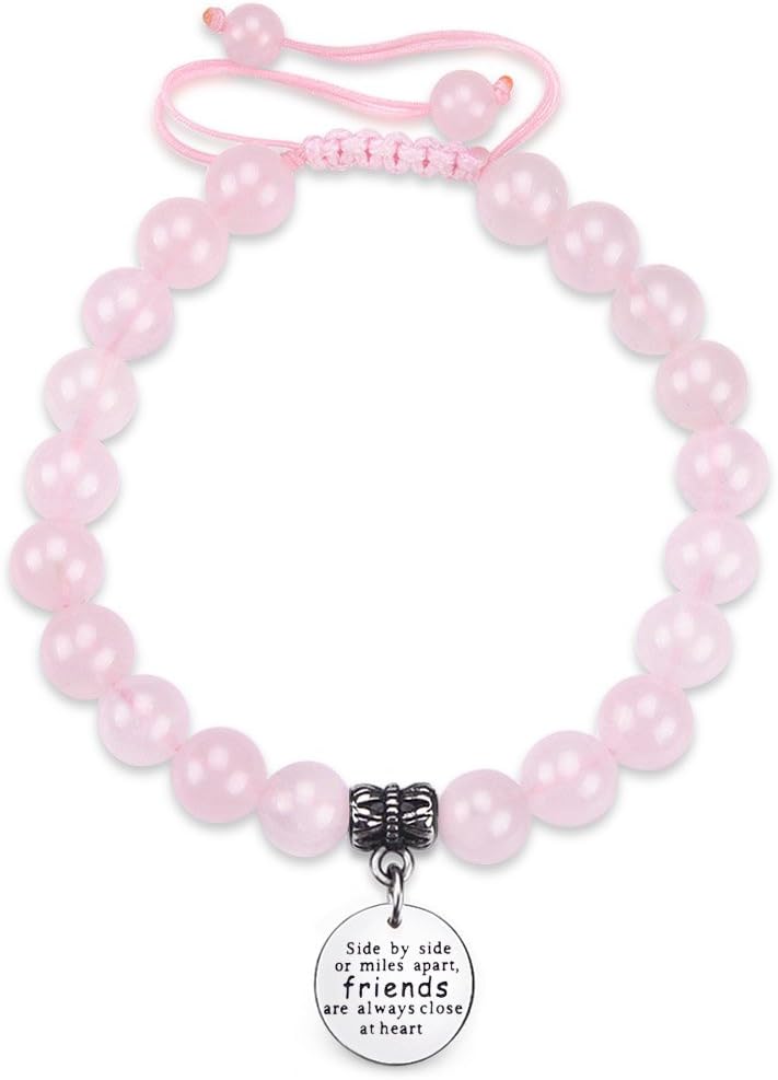CheersLife Rose Quartz Bracelet Engraved Inspirational Message Charm Natural 8mm Pink Crystal Positive Words Energy Jewellery for Women