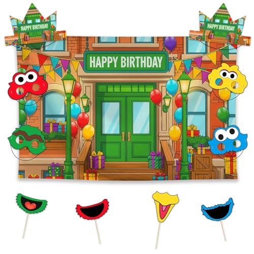 Allenjoy Cartoon City Street Party Decorations Set - 11 Piece Kit with 59x35 Backdrop 6 Headbands 4 Photo Booth Props Supplies Favors for Kids Boys Girls Men Women Decor