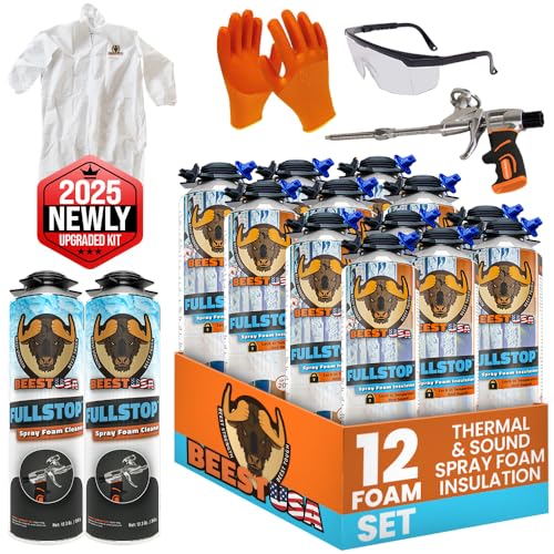 BEEST FullStop Spray Foam Insulation Kit for Walls and Attic - 240 Board ft./sq.ft. Perfect Heat & Sound Insulation for Reduced Energy Bills - 12x Spray Foam Can, 2X Cleaner, Pro X Gun & Safety Gear