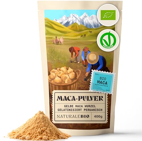 NaturaleBio Maca Pulver Bio 400g. Gelbes Wurzelpulver aus Peru. Gelatiniert, Bio und Rein.