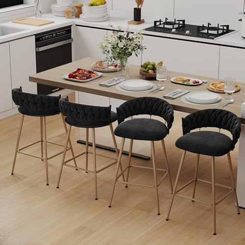 Butacos de Barra Set de 4, Butacos Modernos con Espaldar para Isla de Cocina, Altura de Barra 30'', Tapizados en Terciopelo con Patas de Metal, Color Negro miniatura 6