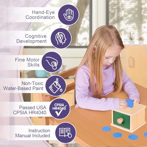 Image of Montessori Wooden Coin Box with Drawer for Baby 18+ Months, Coin Sorter Fine Motor Toys for Kids, Motessori Classroom Learning & Educational Resources Toys Gifts