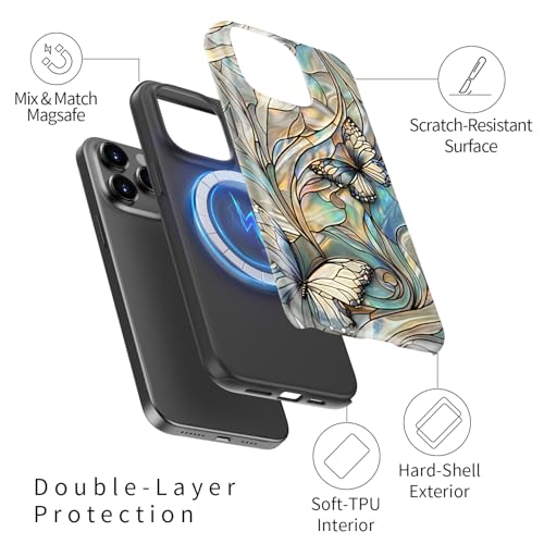 Image of Goodon for iPhone 14 Pro Max Case Cute - Wireless Charging Compatible - Dual-Layer Hard Shell + Silicone Cover - Protective Phone Case with Trendy Designs for Women - Butterflies Blue Gold