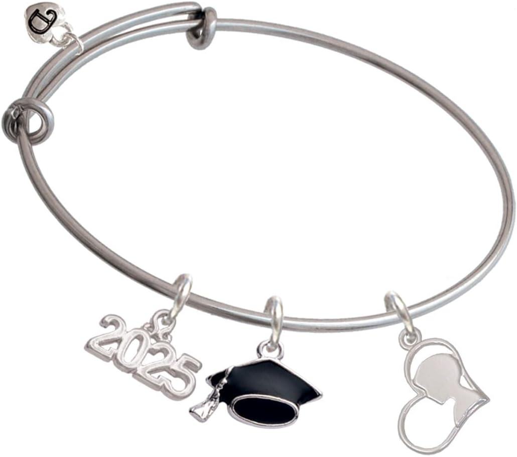 Delight Jewelry Boy Silhouette in Heart - Silvertone Class of 2025 Graduation Charm Bangle Bracelet