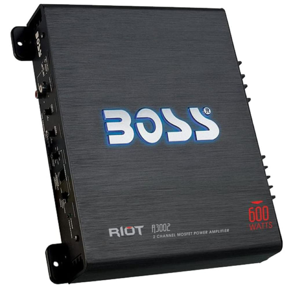 KIT SET PER BOSS AUDIO SYSTEMS RIOT R3002, 1 amplificatore stereofonico 2 canali 600 watt max, classe a/b, con bass boost e remote per subwoofer incluso, 1 pezzo