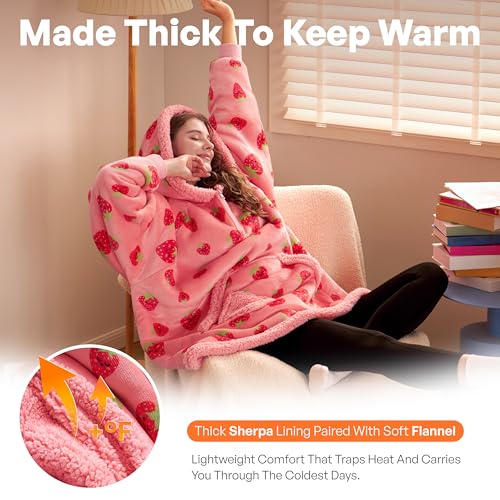 Image of Giggling Getup Wearable Blanket Hoodie for Adults Gifts for Teen Girls Sister Women Sherpa Fleece Printed Hooded Blanket Sweatshirt Warm Cozy with Pocket & Sleeves Strawberry