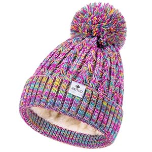 HAITHO Gorro de invierno para niños pequeños con pompón, 2 tamaños para niñas y niños, bonito gorro de punto con forro polar cálido