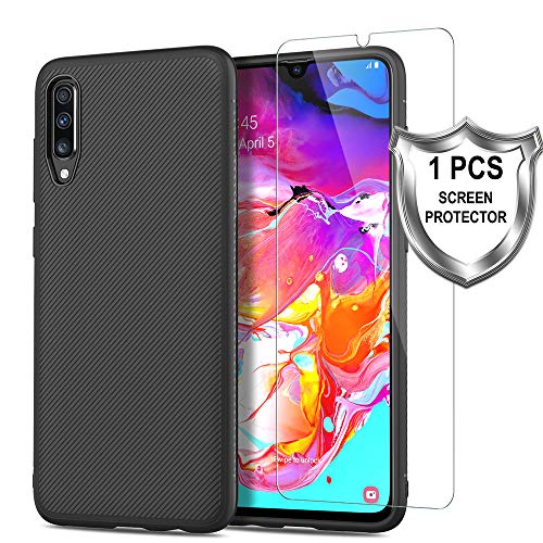 MP-MALL Funda para Samsung Galaxy A70, [Antideslizante] Calidad TPU Suave Flexible Cubierta Goma Case con Screen Protector Vidrio Templado[1 Pack] para Samsung Galaxy A70 - Negro Mate
