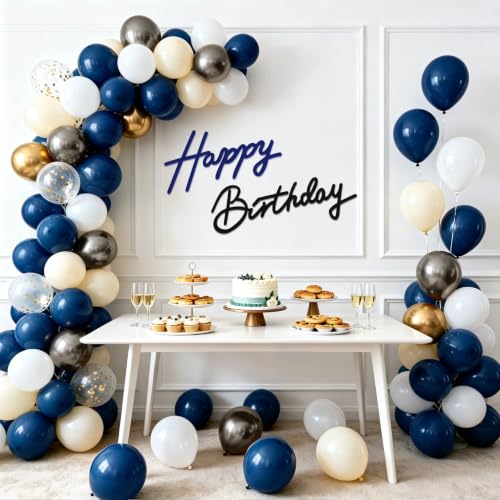 Image of TONIFUL Happy Birthday Sign for Backdrop - Black Navy Blue Felt Banner - Includes Dot Glue - Perfect for Birthday Party Backdrop,Wall Decr,Balloon Arch,Photo Background