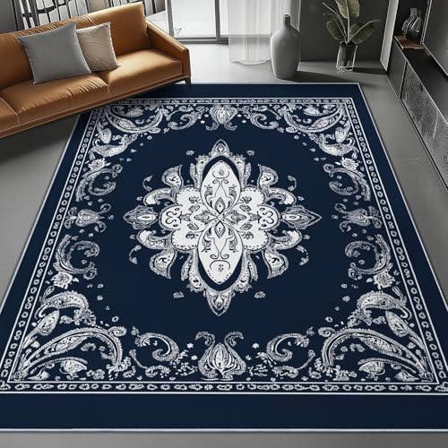 Teppich Wohnzimmer Traditionell Paisley Kunst Drucken, Weich Flanell & Waschbar Pflegeleicht Teppich für Schlafzimmer Küche Kinderzimmer 120 x 180 cm, Dunkelblau Kurzflorteppich Teppich Wohnzimmer Traditionell Paisley Kunst Drucken, Weich Flanell & Waschbar Pflegeleicht Teppich für Schlafzimmer Küche Kinderzimmer 120 x 180 cm, Dunkelblau Kurzflorteppich