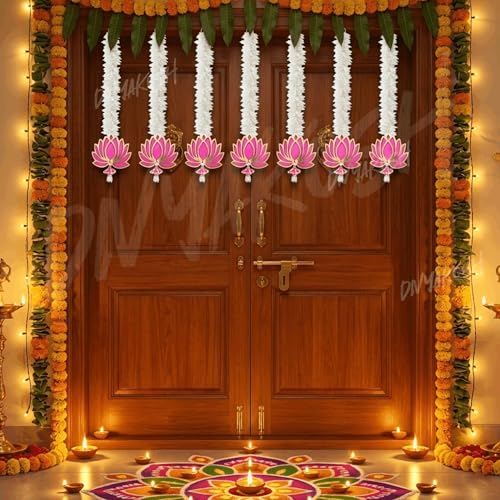Image of Divyakosh Lotus Hanging with White Artificial Flowers 7 Pcs | Floral Wall Hangings for Home Decoration,Temple,Diwali,Ganpati & All Festival Decoration | 20 Inches Each |