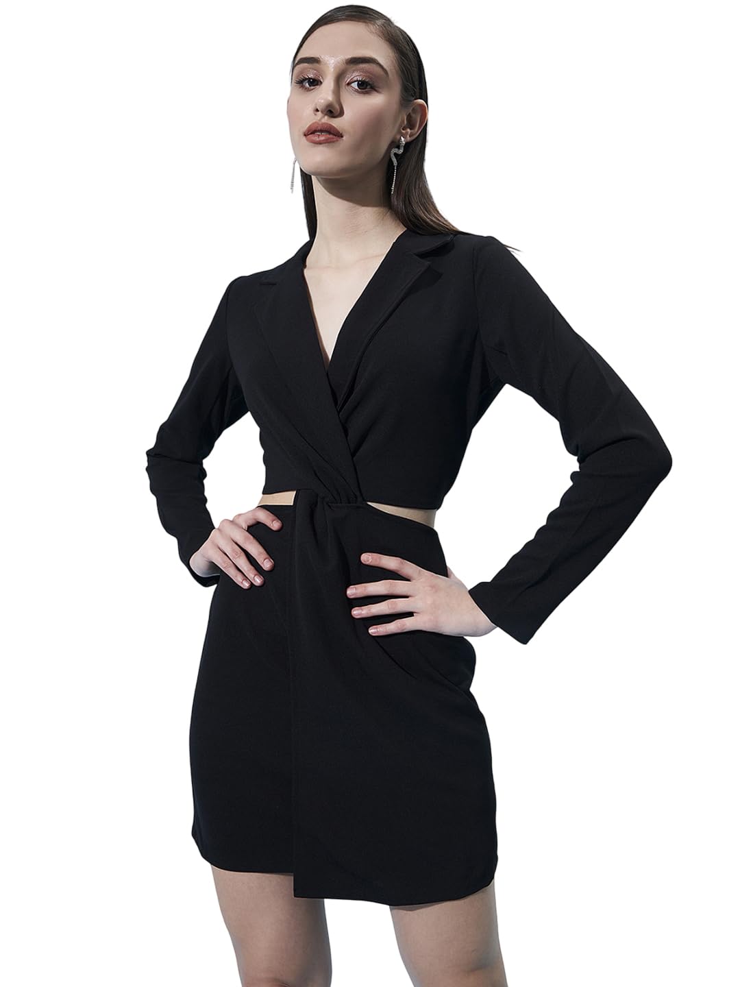 athena lifestyle Women and Girls Polyester Tiered V-Neck Solid Print Knee Full-Length Black Casual Dress-picture-16