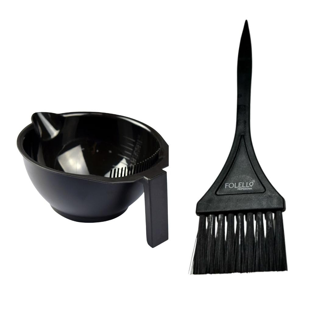 FOLELLO Combo Pack of Plastic Mug Hair Colouring Mixing Bowl & 1 Hair Dye Brush | Professional Styling Hair Dye Applicator Colour Mixing Bowl with Handle (Set of 2, Black)